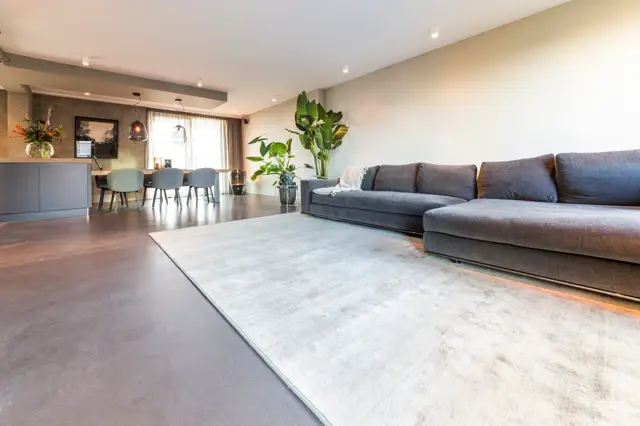 Luxe open woonkamer met naadloze vloer in warm grijs, strak gekleurde wanden en minimalistisch design. Ruim zitgedeelte met moderne grijze hoekbank, natuurlijk licht en verfijnde styling met groene planten en designaccessoires.