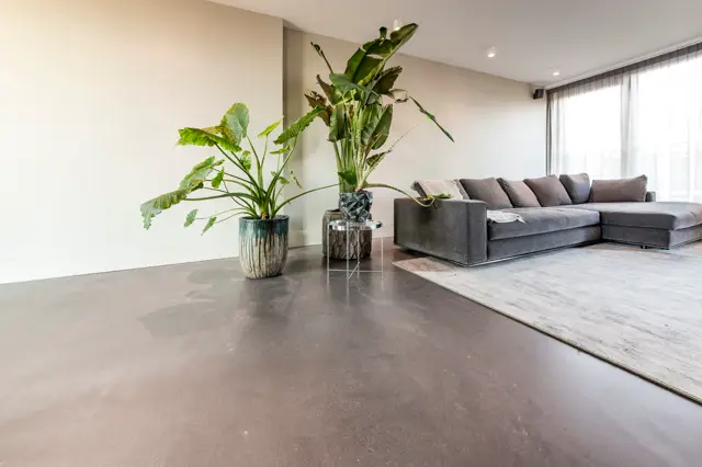 Ruime, lichte woonkamer met een perfecte naadloze vloer in warme grijstint. Strakke wanden, natuurlijk licht en subtiele styling met groene planten creëren een serene, luxe sfeer.