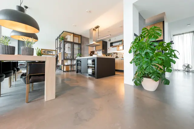 Ruime, lichte open ruimte met naadloze vloer in warm grijs-bruin. Strakke keukenopstelling in zwart en hout, minimalistische inrichting met groene planten en designverlichting.