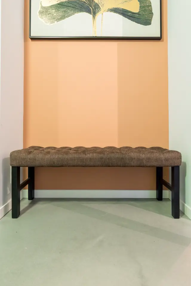 Een strak ingericht halletje of galerij met een warme perzikkleurige naadloze wand, subtiel verlicht. Een elegant bankje met grijs textiel staat tegen de muur, waarop een botanisch kunstwerk hangt.