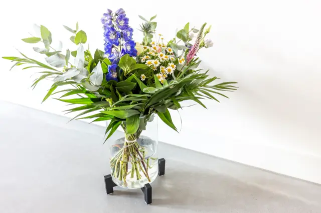 Een elegant boeket met blauwe ridderspoor, witte margrietjes en groen bladerwerk in een glazen vaas op een schone naadloze vloer. De compositie straalt frisheid en rust uit tegen een minimalistische, lichte achtergrond.